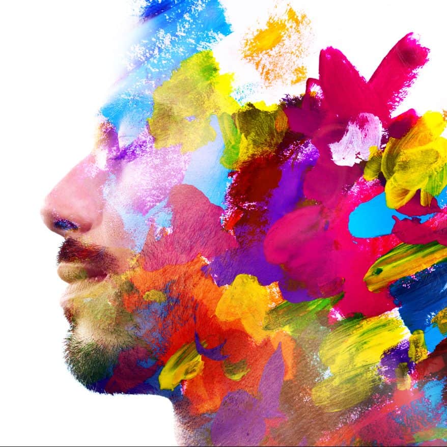 Paintography. Double exposure of an attractive male model combined with hand drawn ink paintings with colorful overlapping brushstroke texture representing Enneatype 4